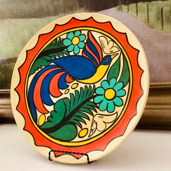 Mestizo Folk Art Tonala Mexican Hand painted Platter Florals Bird Ixtapa 1987 - Picture 2 of 14